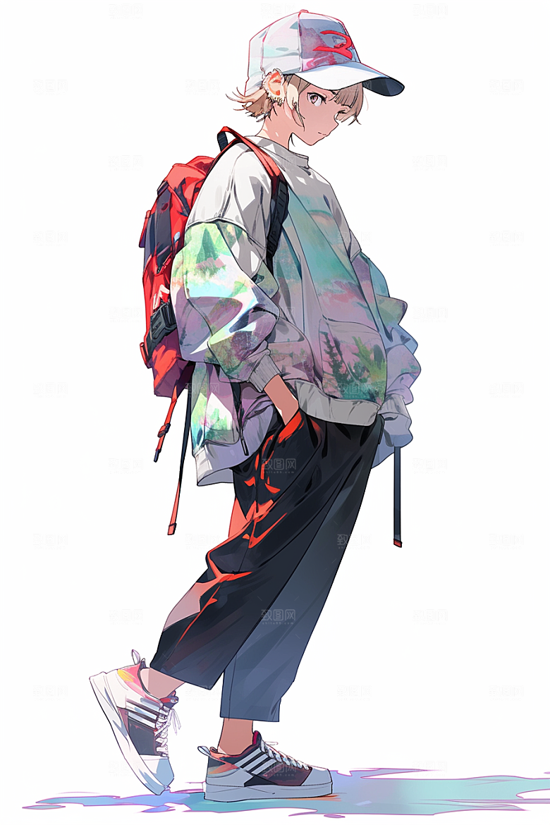 抱球帽人物元气动漫风插画