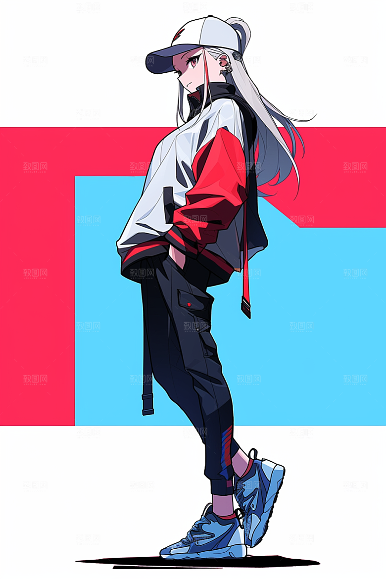 抱球帽人物动漫风漫画感插画