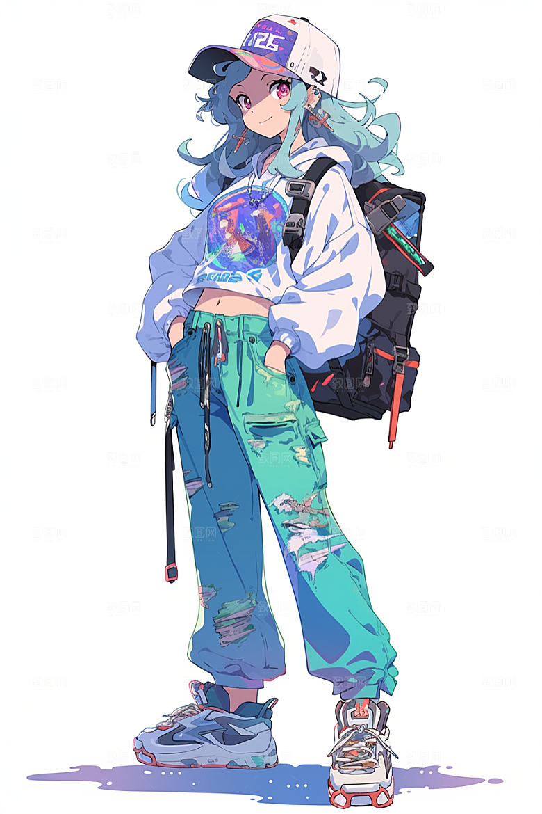 抱球帽人物元气漫画感插画
