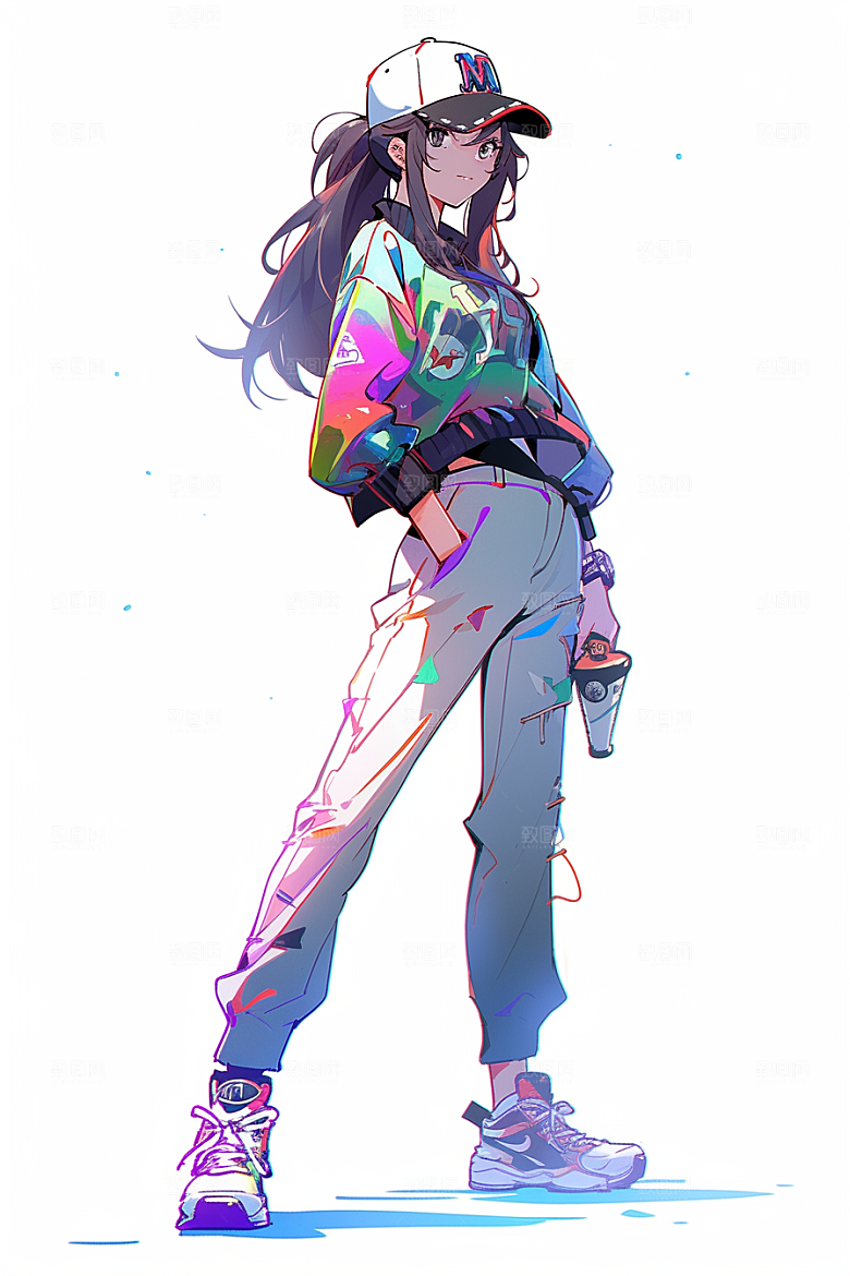 抱球帽人物动漫风手绘插画