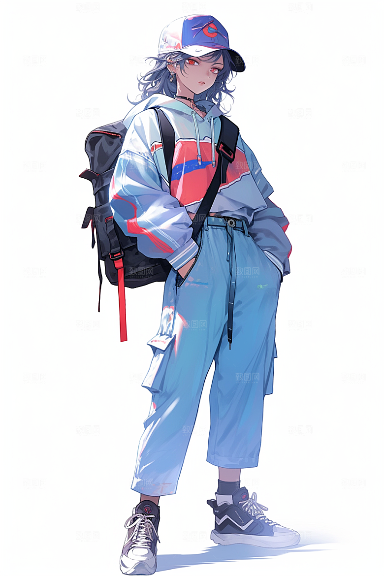 抱球帽人物简约高清插画