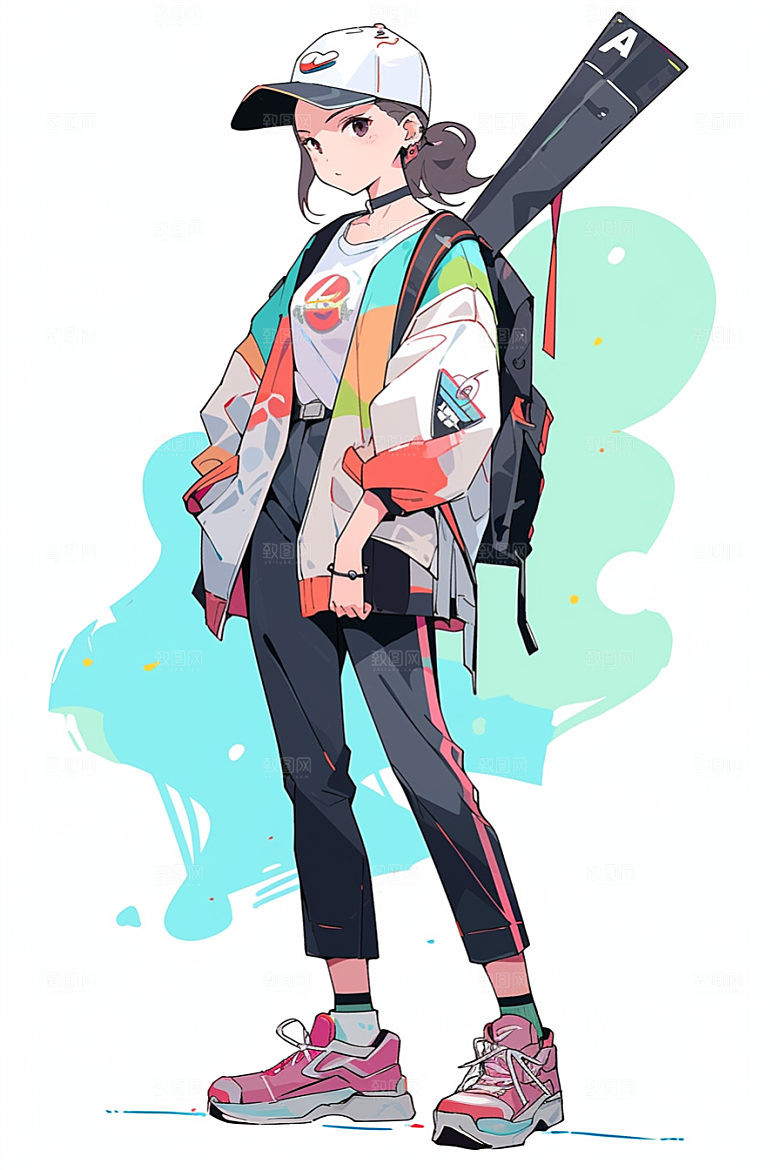 抱球帽人物手绘青春插画