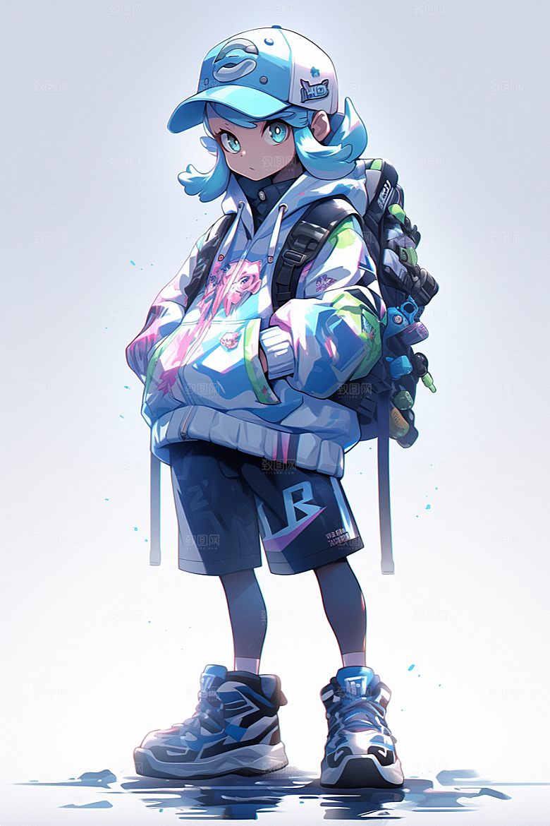 抱球帽人物简约手绘插画