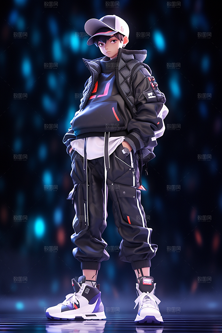 抱球帽人物少年感动漫风插画