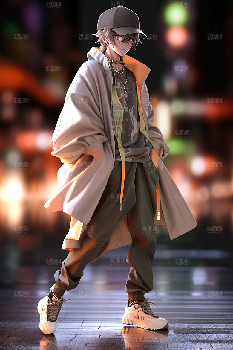 抱球帽人物手绘动漫风插画