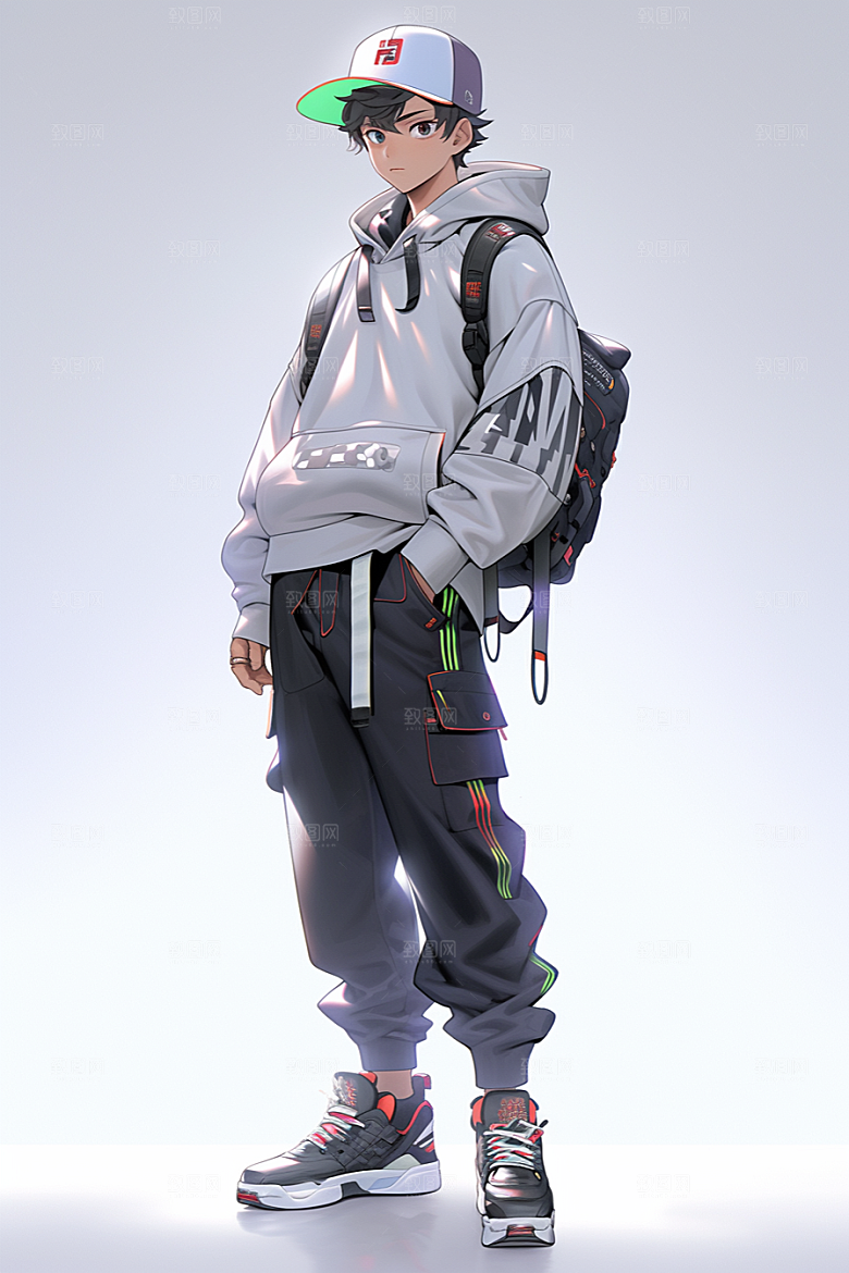 抱球帽人物高清手绘插画