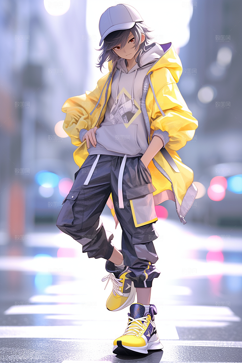 抱球帽人物手绘高清插画