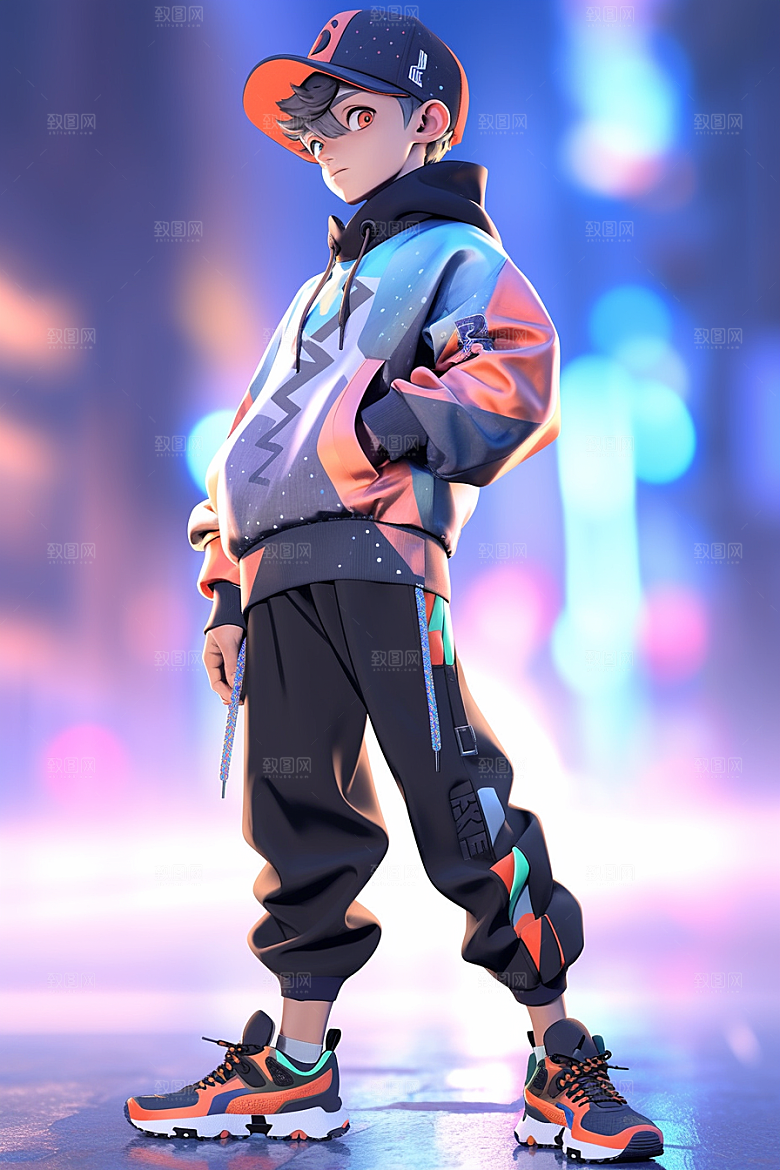 抱球帽人物帅气少年感插画