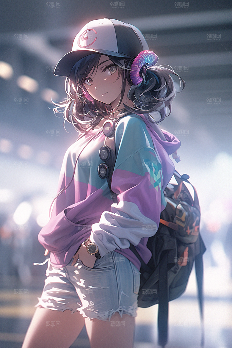 抱球帽人物动漫风青春插画