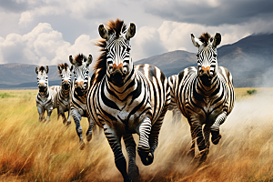 斑马奔跑非洲草原摄影图