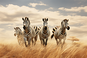 斑马奔跑非洲草原摄影图