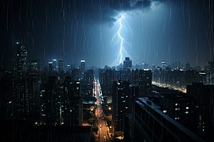 暴雨闪电城市电闪雷鸣摄影图