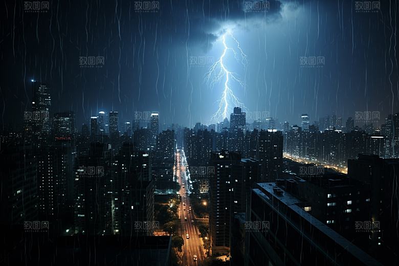 暴雨闪电城市电闪雷鸣摄影图
