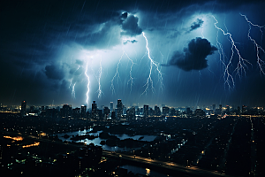 暴雨闪电极端天气城市摄影图