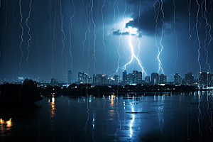 暴雨闪电恶劣天气城市摄影图