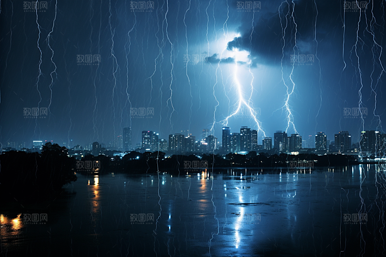 暴雨闪电恶劣天气城市摄影图