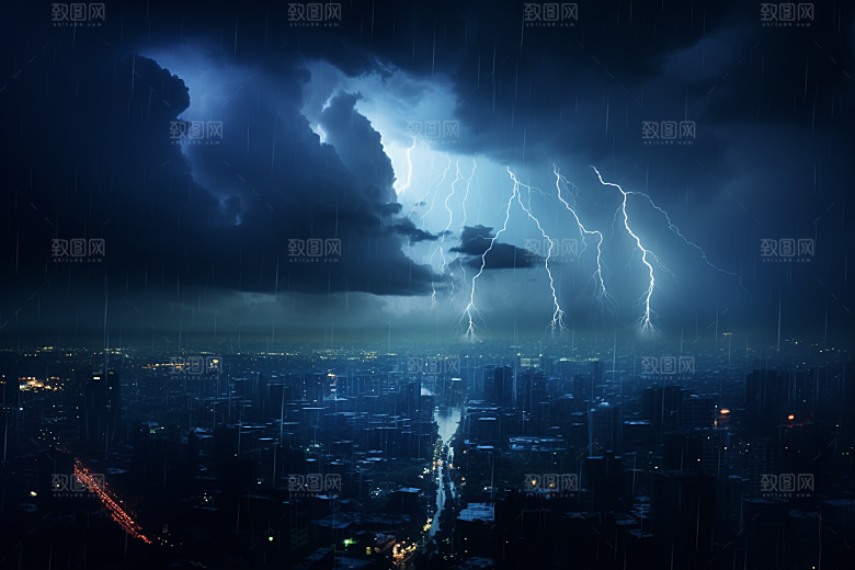 暴雨闪电气象城市摄影图