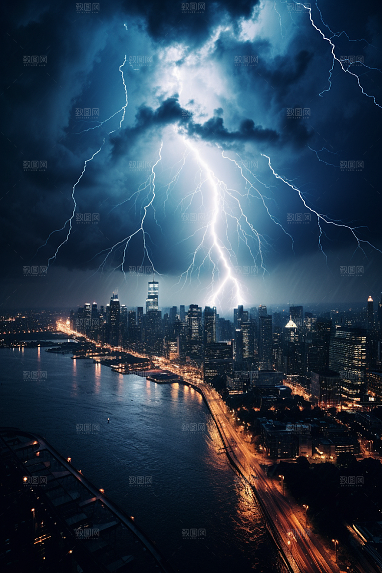 暴雨闪电城市电闪雷鸣摄影图