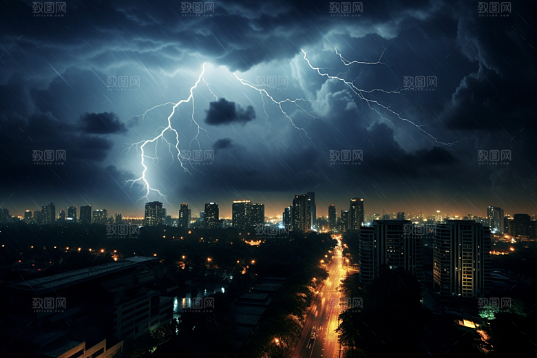 暴雨闪电极端天气城市摄影图