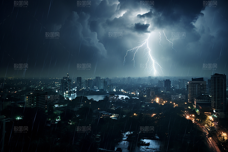 暴雨闪电自然现象城市摄影图