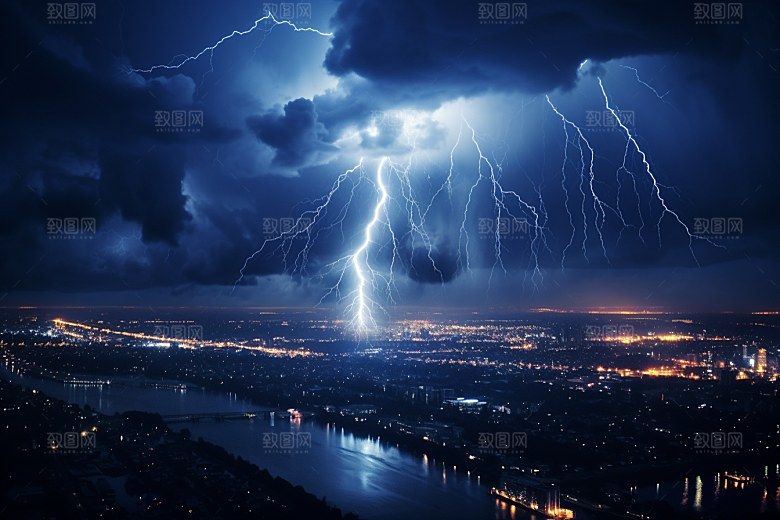 暴雨闪电城市电闪雷鸣摄影图