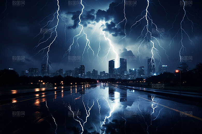 暴雨闪电城市自然灾害摄影图