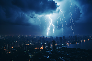 暴雨闪电城市气象摄影图