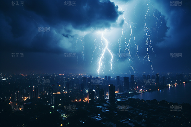 暴雨闪电城市气象摄影图