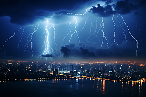 暴雨闪电自然现象城市摄影图