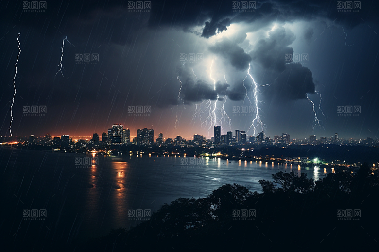 暴雨闪电电闪雷鸣极端天气摄影图