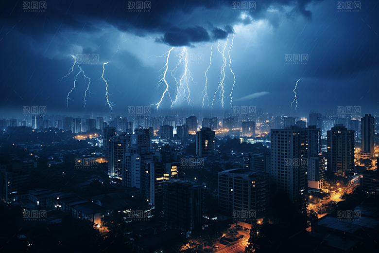 暴雨闪电城市恶劣天气摄影图