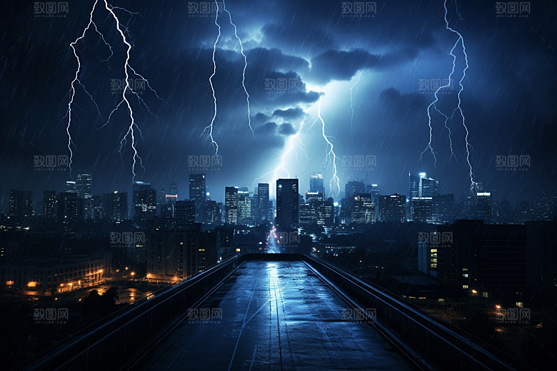 暴雨闪电极端天气城市摄影图