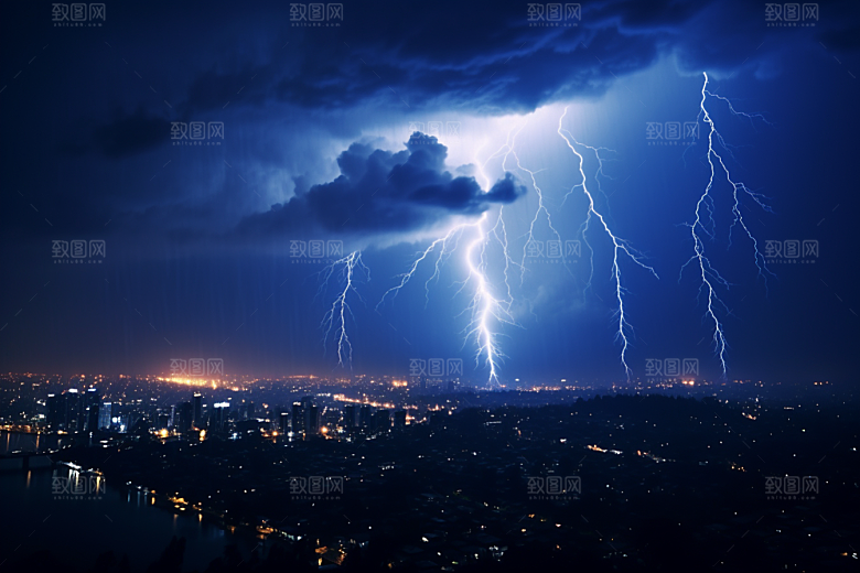 暴雨闪电雷暴城市摄影图