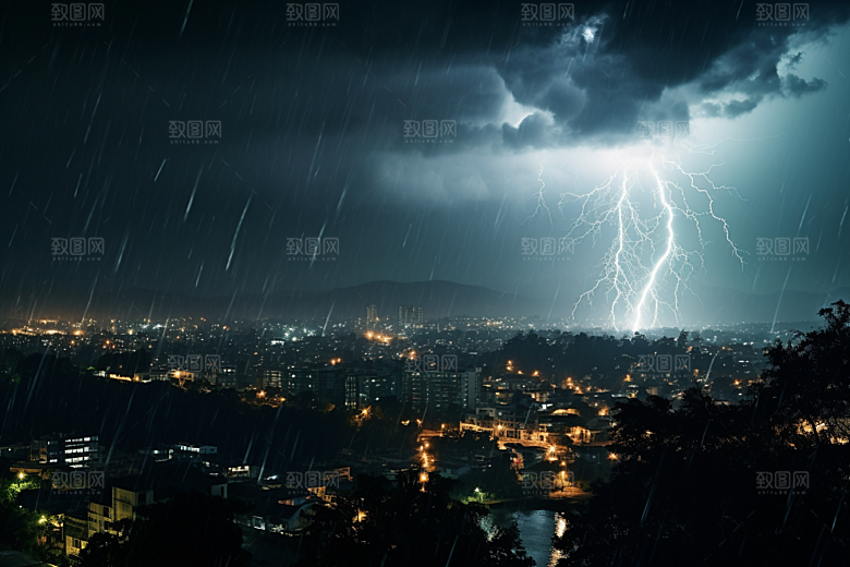 暴雨闪电城市自然灾害摄影图