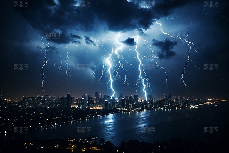 暴雨闪电恶劣天气城市摄影图