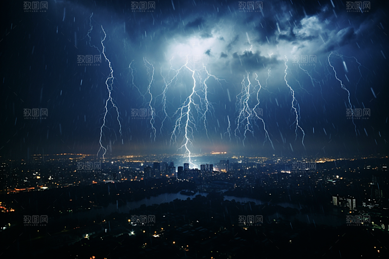 暴雨闪电自然灾害城市摄影图