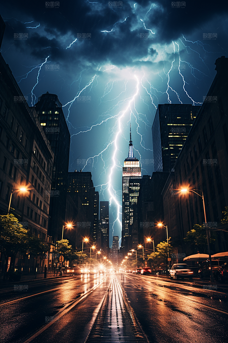 暴雨闪电城市气象摄影图
