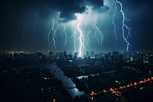 暴雨闪电极端天气城市摄影图