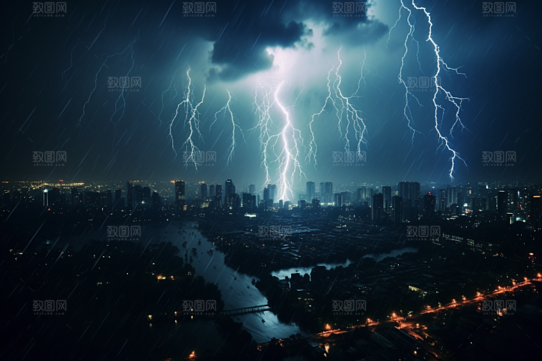 暴雨闪电极端天气城市摄影图