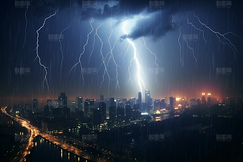 暴雨闪电电闪雷鸣城市摄影图
