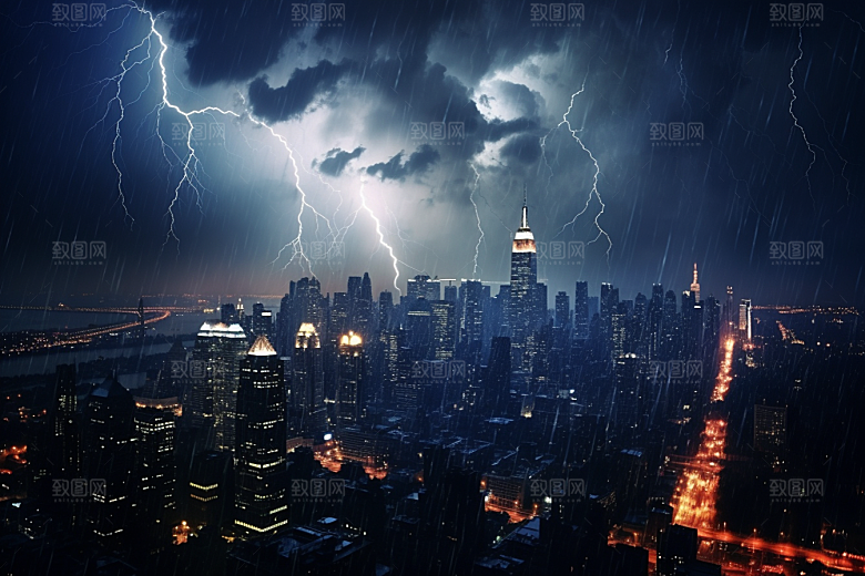 暴雨闪电气象城市摄影图