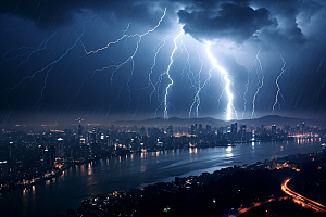 暴雨闪电电闪雷鸣城市摄影图