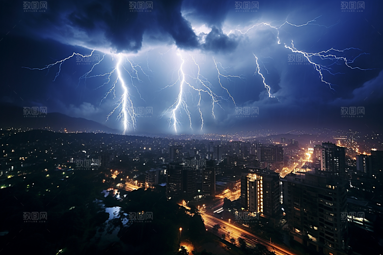 暴雨闪电城市自然灾害摄影图