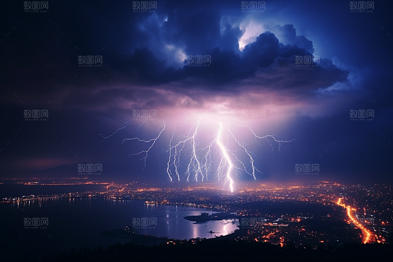 暴雨闪电城市雷暴摄影图