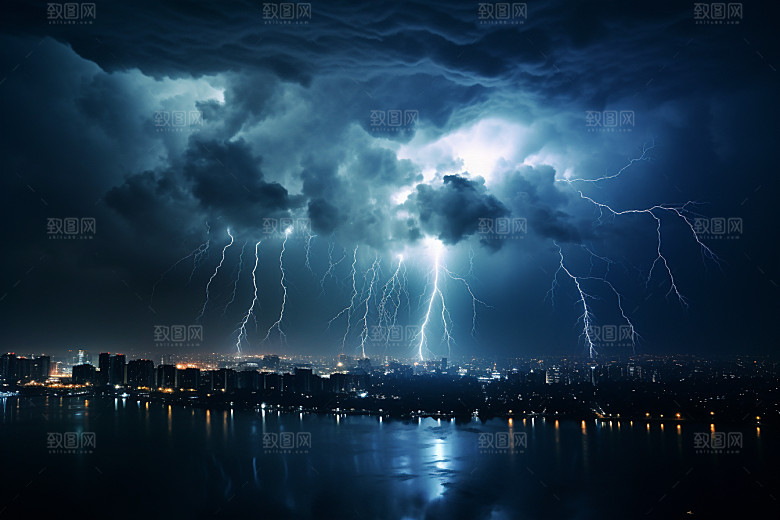 暴雨闪电城市气象摄影图