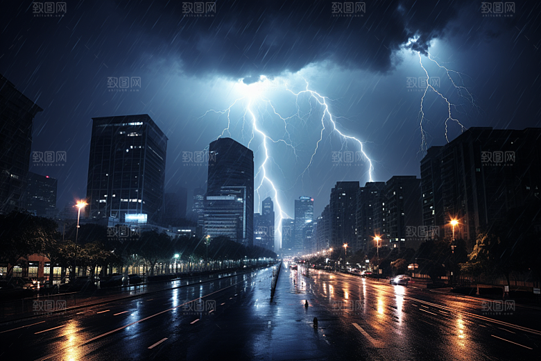 暴雨闪电城市自然灾害摄影图