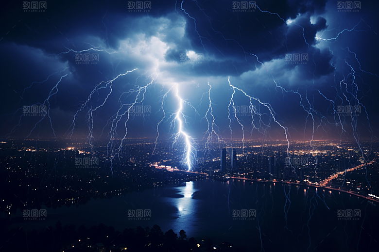 暴雨闪电城市自然灾害摄影图