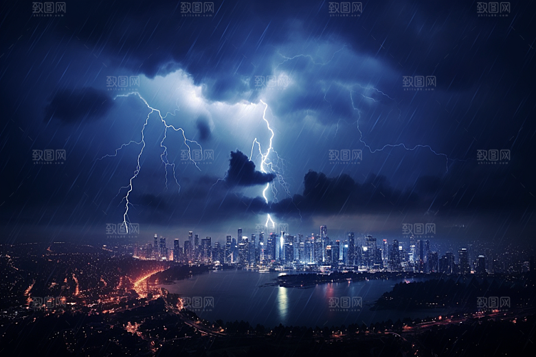 暴雨闪电极端天气城市摄影图