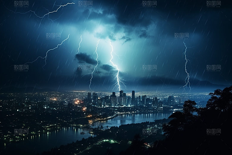 暴雨闪电雷雨气象摄影图