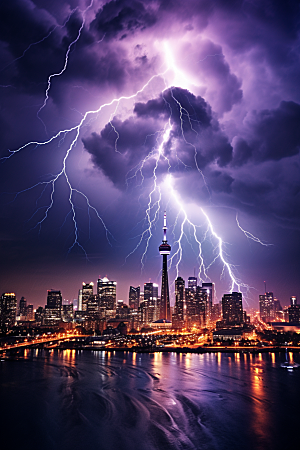 暴雨闪电电闪雷鸣城市摄影图